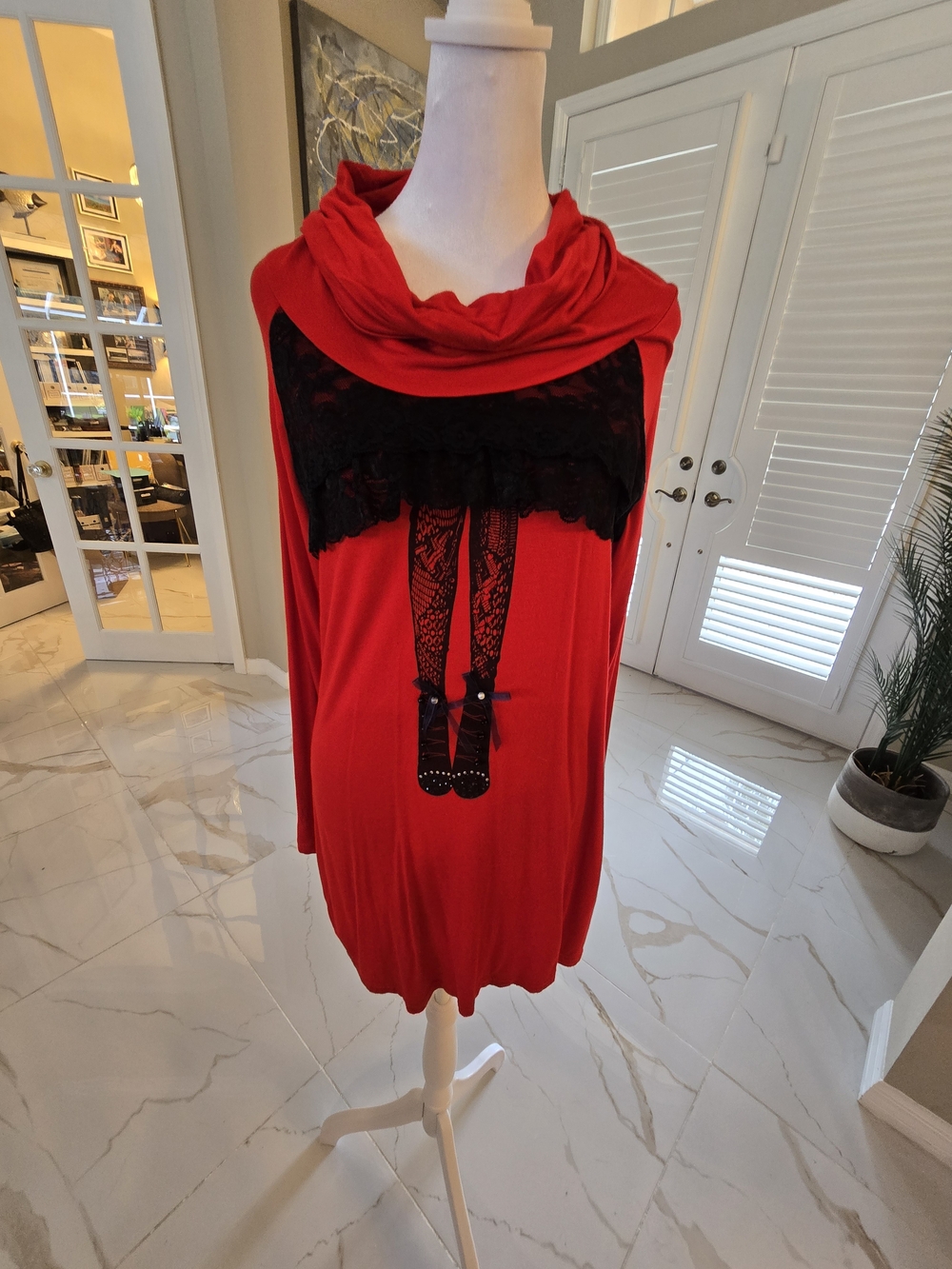 Red Cowl-Neck Shirt with Black Lace Accent